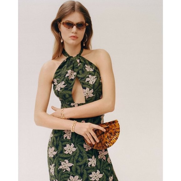 TOPSHOP Hibiscus Floral Halter Midi Dress Green 10 NEW - Picture 3 of 11